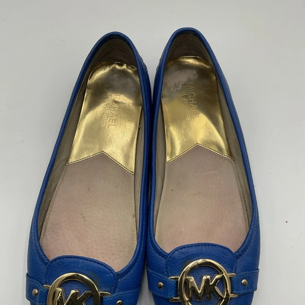 MICHAEL KORS 8.5 Fulton Ballet Flats Blue Saffiano Driving Moc Leather Gold Logo